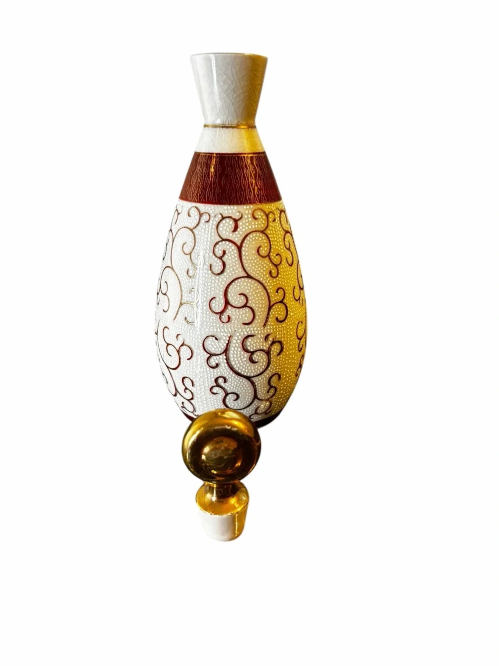 Vintage Japanese Porcelain Sake Bottle Decanter Gold Red Scroll Design 9”